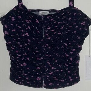 Sienna Sky Rushed Corset Style Black Pink Flower Adjustable Strap Top Size L NWT